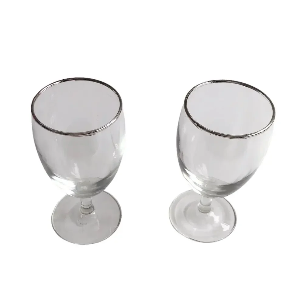 Footed Water Glasses Set of 2 Goblets Silver Rimmed Clear Stemmed Drinking Glass